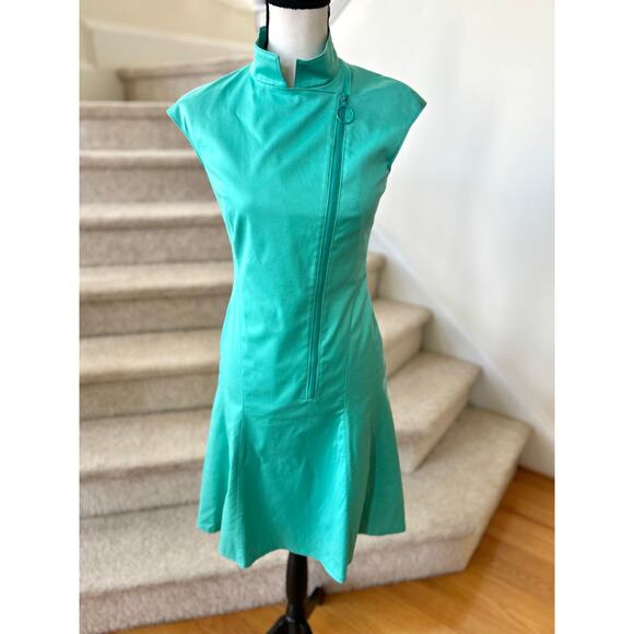 Akris Punto Turquoise Green Asymmetric Zip Fit & Flare Sheath Dress - Picture 2 of 9